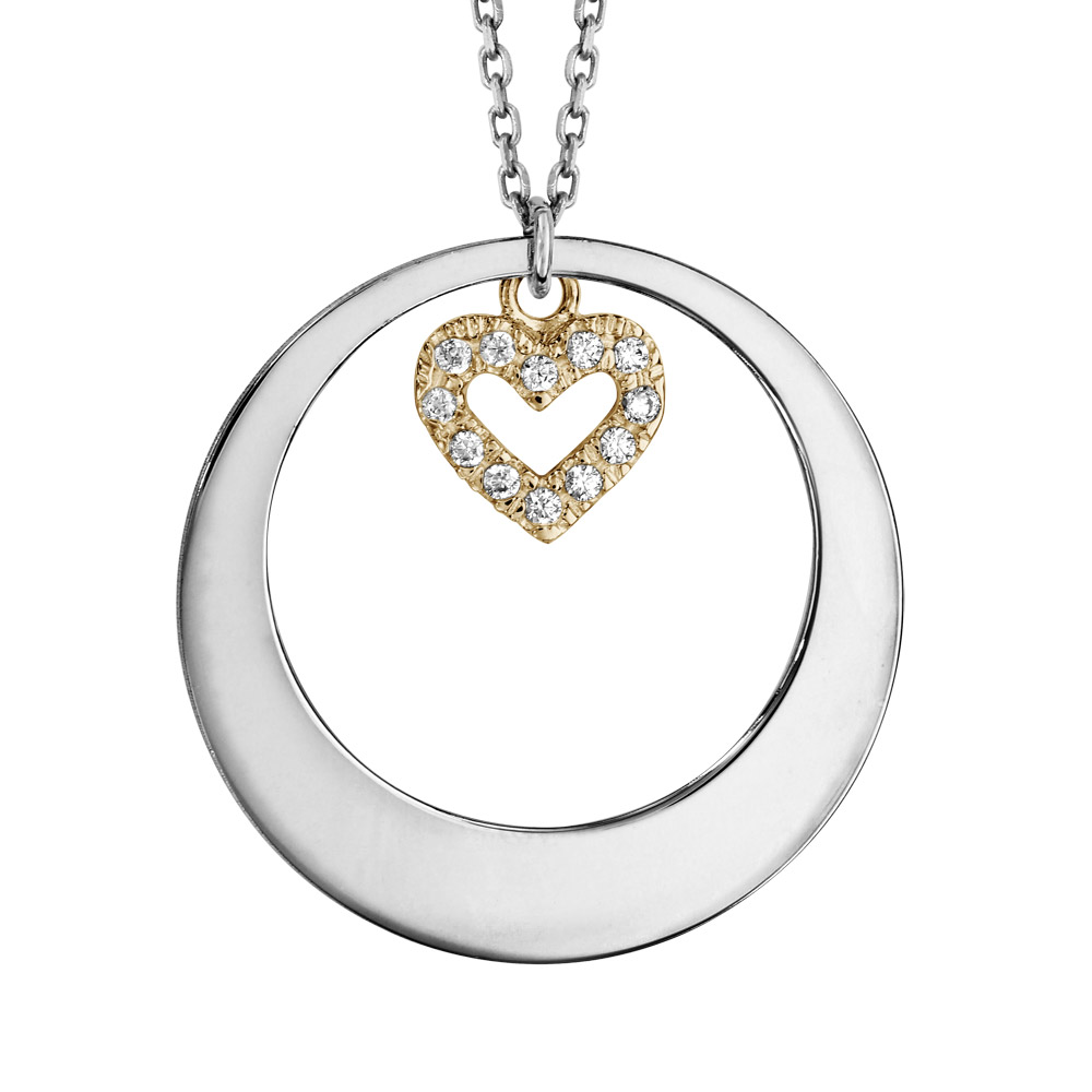 Collier en argent rhodi� avec Pendentif anneau ajour� et coeur en dorure jaune et oxydes blancs 42+3cm - Vue 1