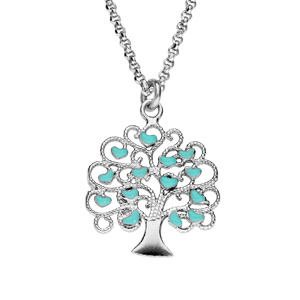 Collier en argent rhodi avec Pendentif arbre de vie ajoure avec coeurs couleur turquoise 40+5cm - Vue 1