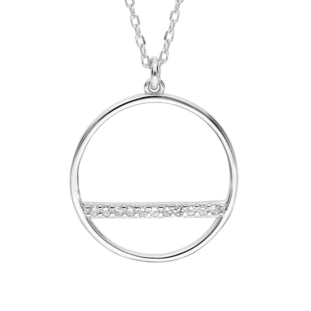 Collier en argent rhodi� avec Pendentif cercle et barrette oxydes blancs sertis 40+5cm - Vue 1