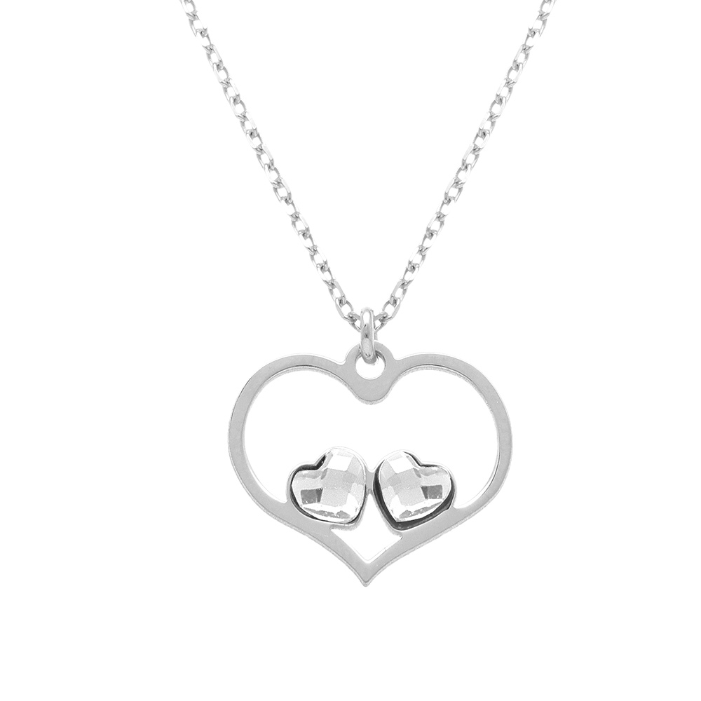 Collier en argent rhodi� avec pendentif coeur ajour� et deux oxydes blancs - 40+5cm - Vue 1