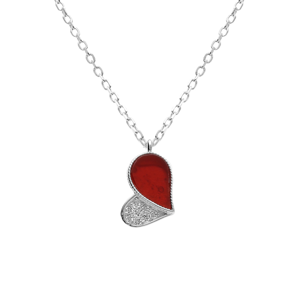 Collier en argent rhodi� avec pendentif coeur avec oxydes blancs et agate rouge - 39+4cm - Vue 1
