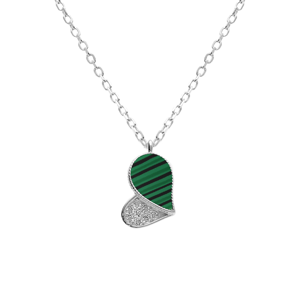 Collier en argent rhodi� avec pendentif coeur avec oxydes blancs et malachite v�ritable - 39+4cm - Vue 1