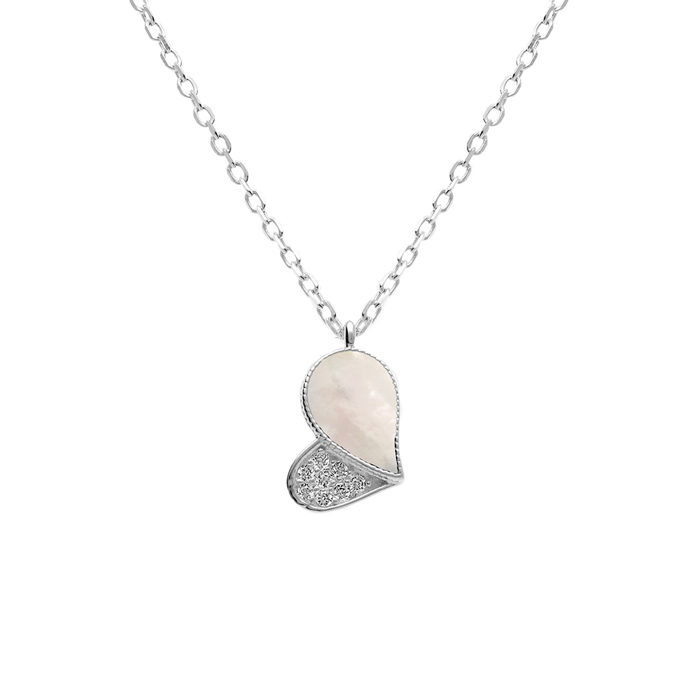 Collier en argent rhodi� avec pendentif coeur avec oxydes blancs et nacre blanche v�ritable - 39+4cm - Vue 1