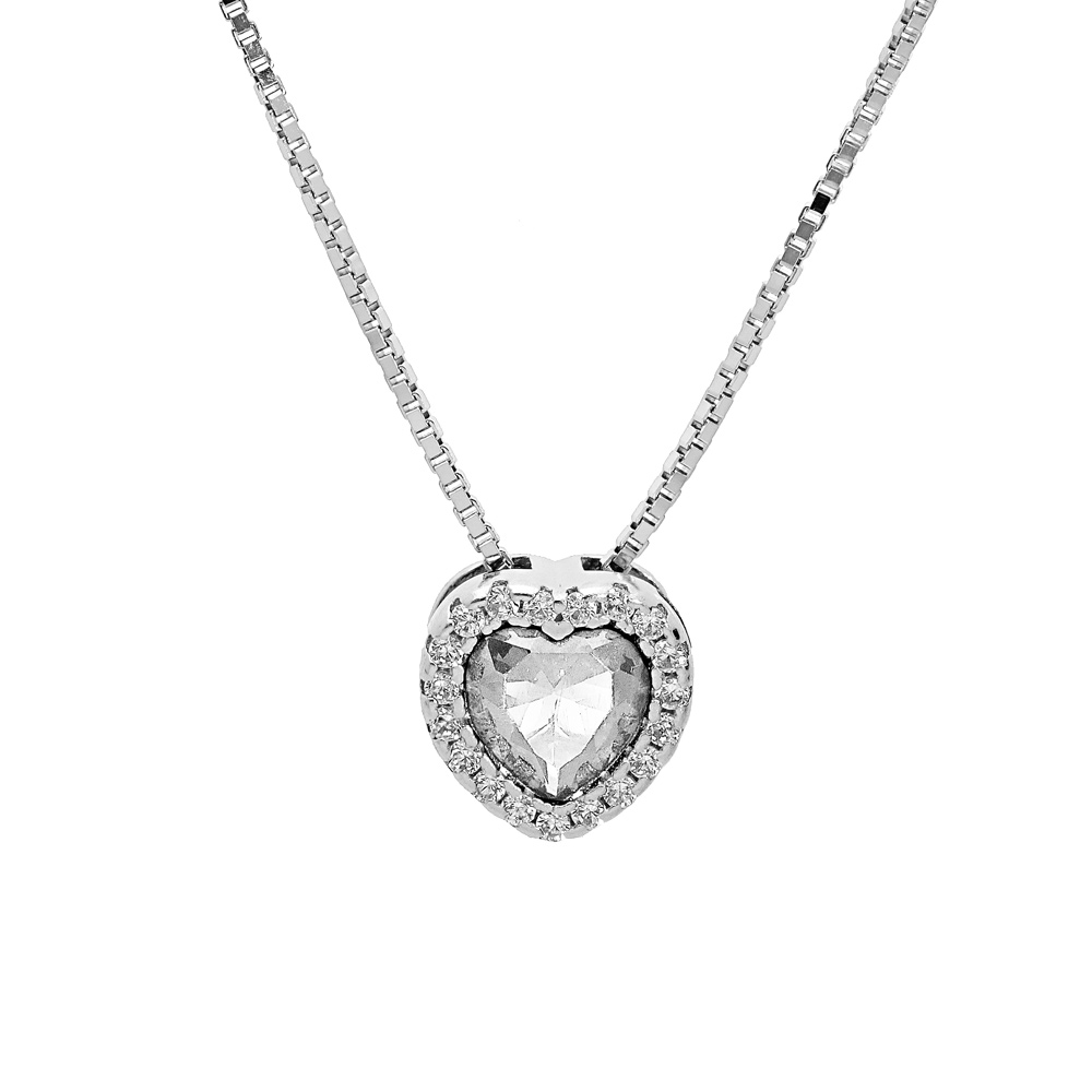 Collier en argent rhodi� avec pendentif coeur oxyde blanc et contour oxydes blancs sertis 42+3cm - Vue 1