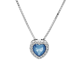 Collier en argent rhodi avec pendentif coeur oxyde bleu ciel et contour oxydes blancs sertis 42+3cm - Vue 1