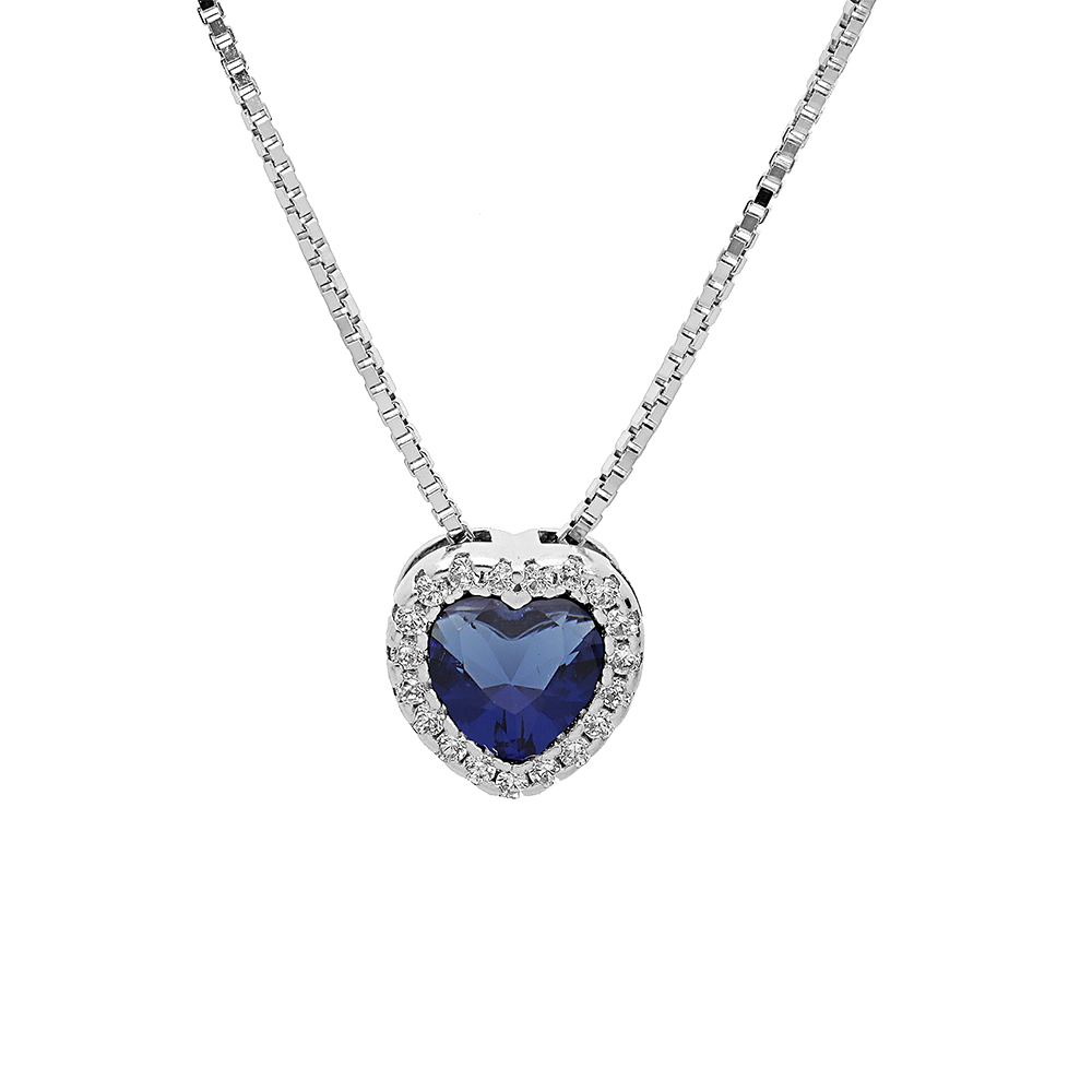 Collier en argent rhodi� avec pendentif coeur oxyde bleu fonc� et contour oxydes blancs sertis 42+3cm - Vue 1
