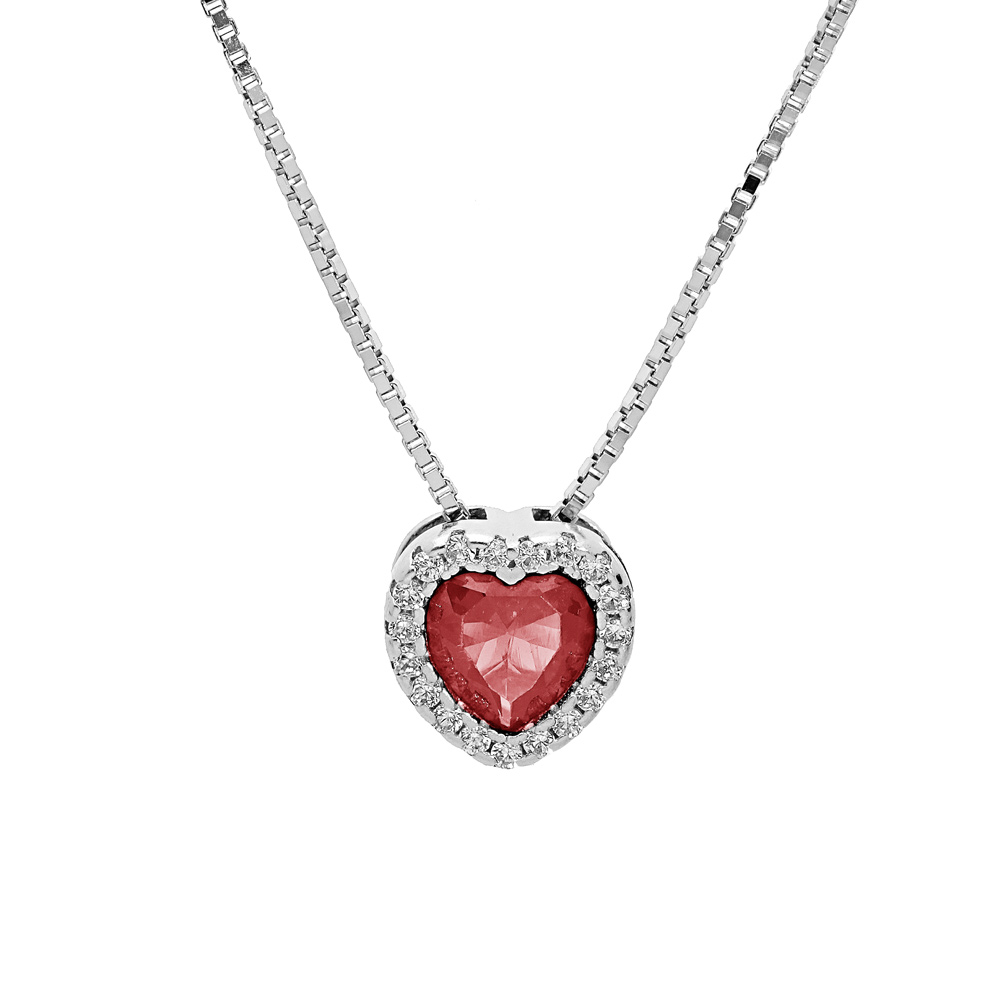 Collier en argent rhodi� avec pendentif coeur oxyde fushia et contour oxydes blancs sertis 42+3cm - Vue 1