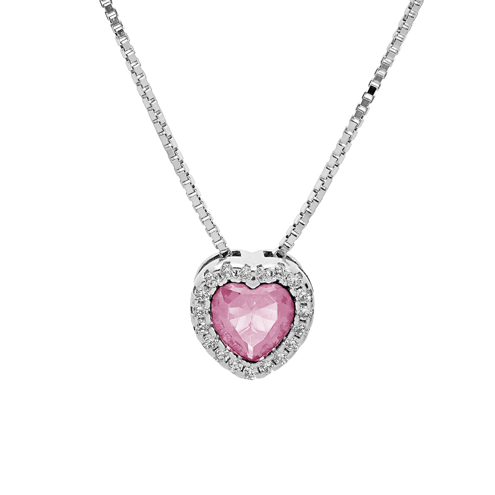 Collier en argent rhodi� avec pendentif coeur oxyde rose et contour oxydes blancs sertis 42+3cm - Vue 1