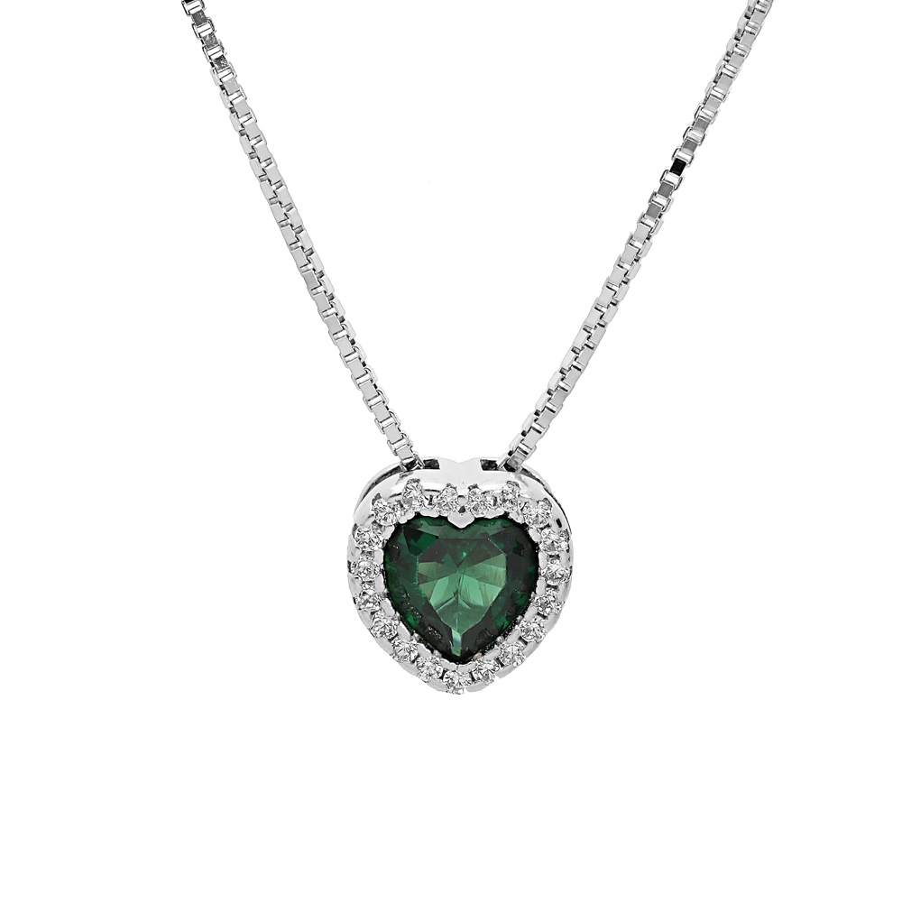 Collier en argent rhodi� avec pendentif coeur oxyde vert et contour oxydes blancs sertis 42+3cm - Vue 1