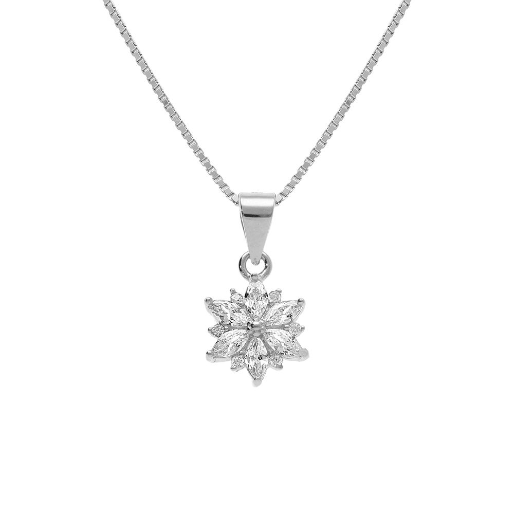 Collier en argent rhodi� avec pendentif fleur d\'oxydes blancs sertis 42+3cm - Vue 1