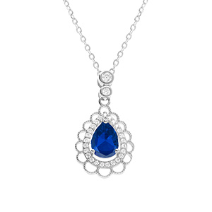 Collier en argent rhodi� avec pendentif goutte oxyde bleu et  oxydes blancs sertis et dentell� - 40+4cm
