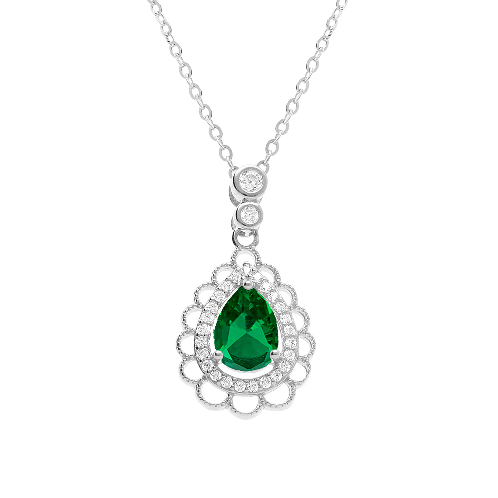 Collier en argent rhodi� avec pendentif goutte oxyde vert et  oxydes blancs sertis et dentell� - 40+4cm - Vue 1