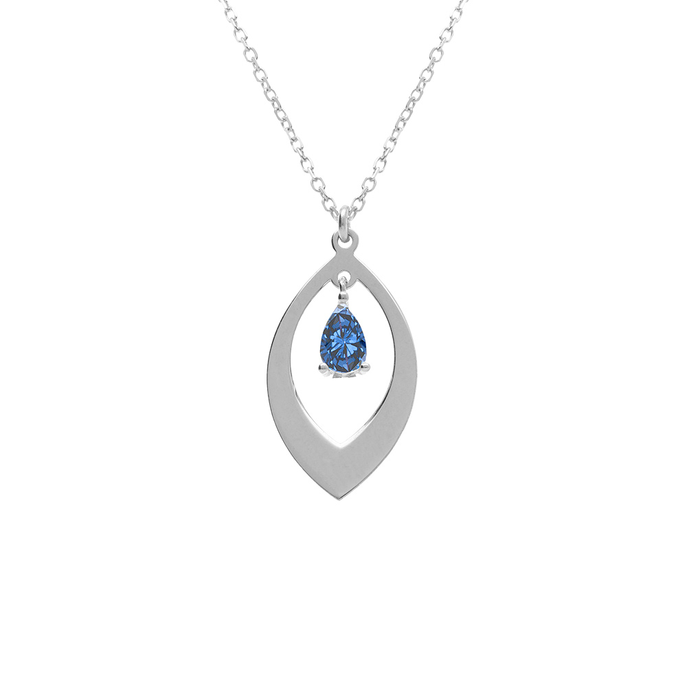 Collier en argent rhodi� avec pendentif navette et oxyde bleu fonc� 40+5cm - Vue 1