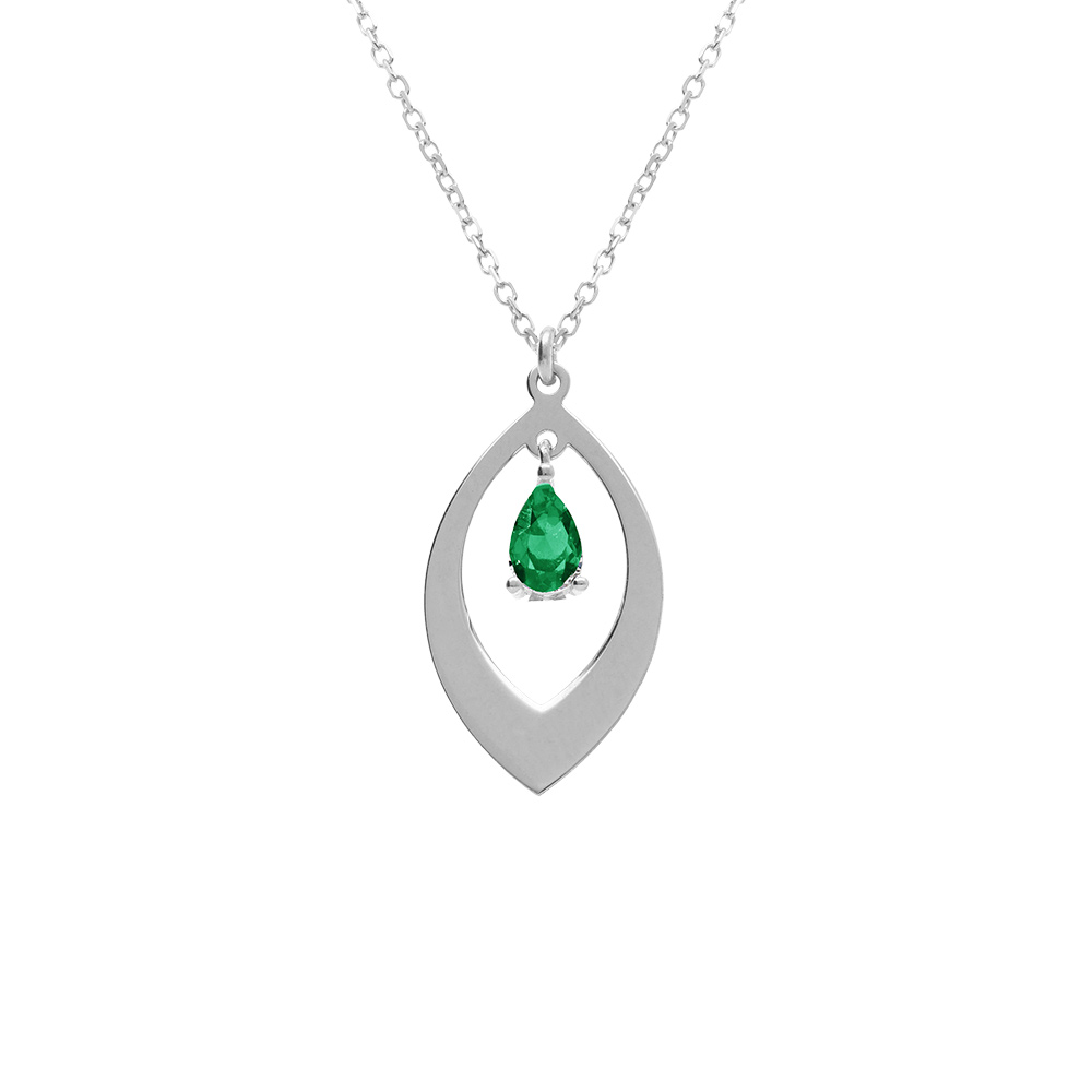Collier en argent rhodi� avec pendentif navette et oxyde vert 40+5cm - Vue 1