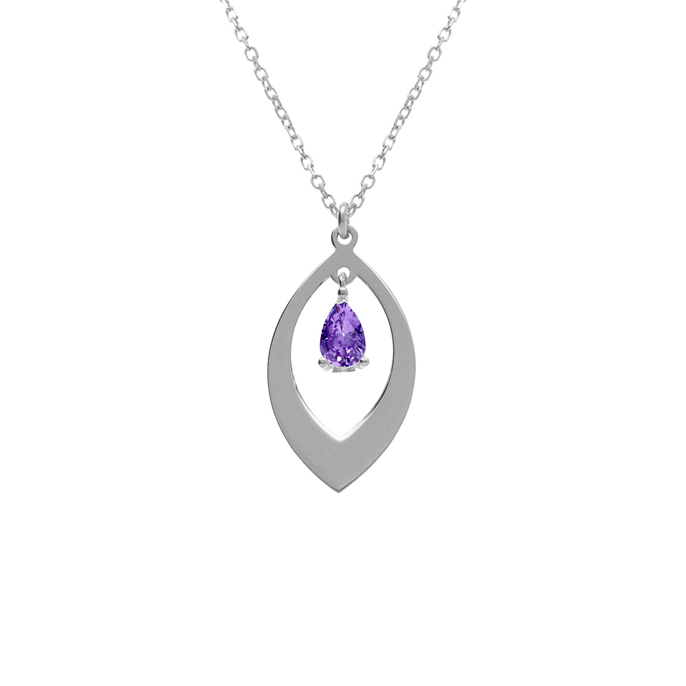 Collier en argent rhodi� avec pendentif navette et oxyde violet 40+5cm - Vue 1