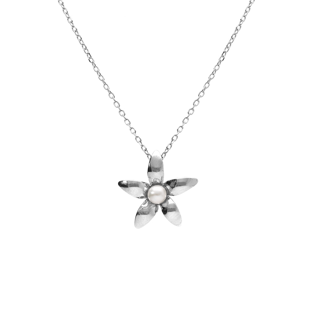 Collier en argent rhodi� avec pendentif petite fleur et perle blanche imitation 40+5cm - Vue 1