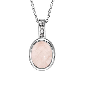 Collier en argent rhodi avec Pendentif pierre ovale quartz rose et oxydes blancs sertis 42+3cm - Vue 1