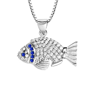 Collier en argent rhodié avec Pendentif poisson avec oxydes bleues et blancs 42+3cm - Vue 1