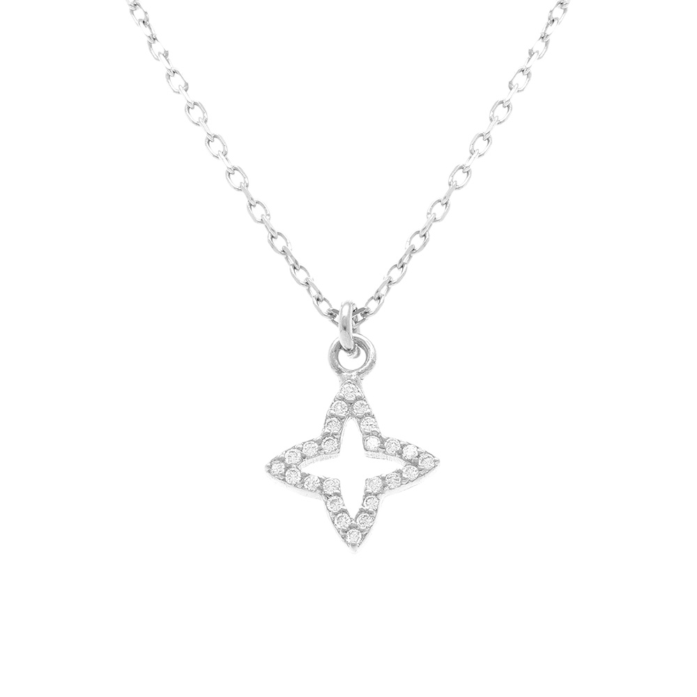 Collier en argent rhodi� avec pendentif tr�fle contour  oxydes blancs sertis -40+5 cm - Vue 1