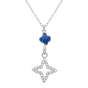 Collier en argent rhodi� avec pendentif tr�fle en r�sine bleue et tr�fle d'oxydes blancs sertis - 40+5 cm