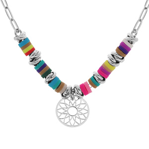 Collier en argent rhodi avec perles cocktail couleurs et pastille mandala 42+3cm - Vue 1