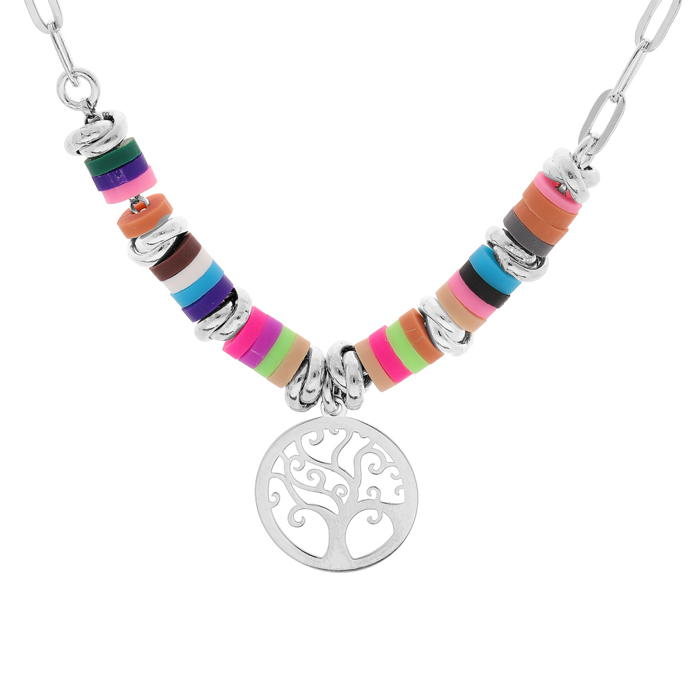 Collier en argent rhodi� avec perles cocktail de couleurs et pastille arbre de vie 40+5cm - Vue 1