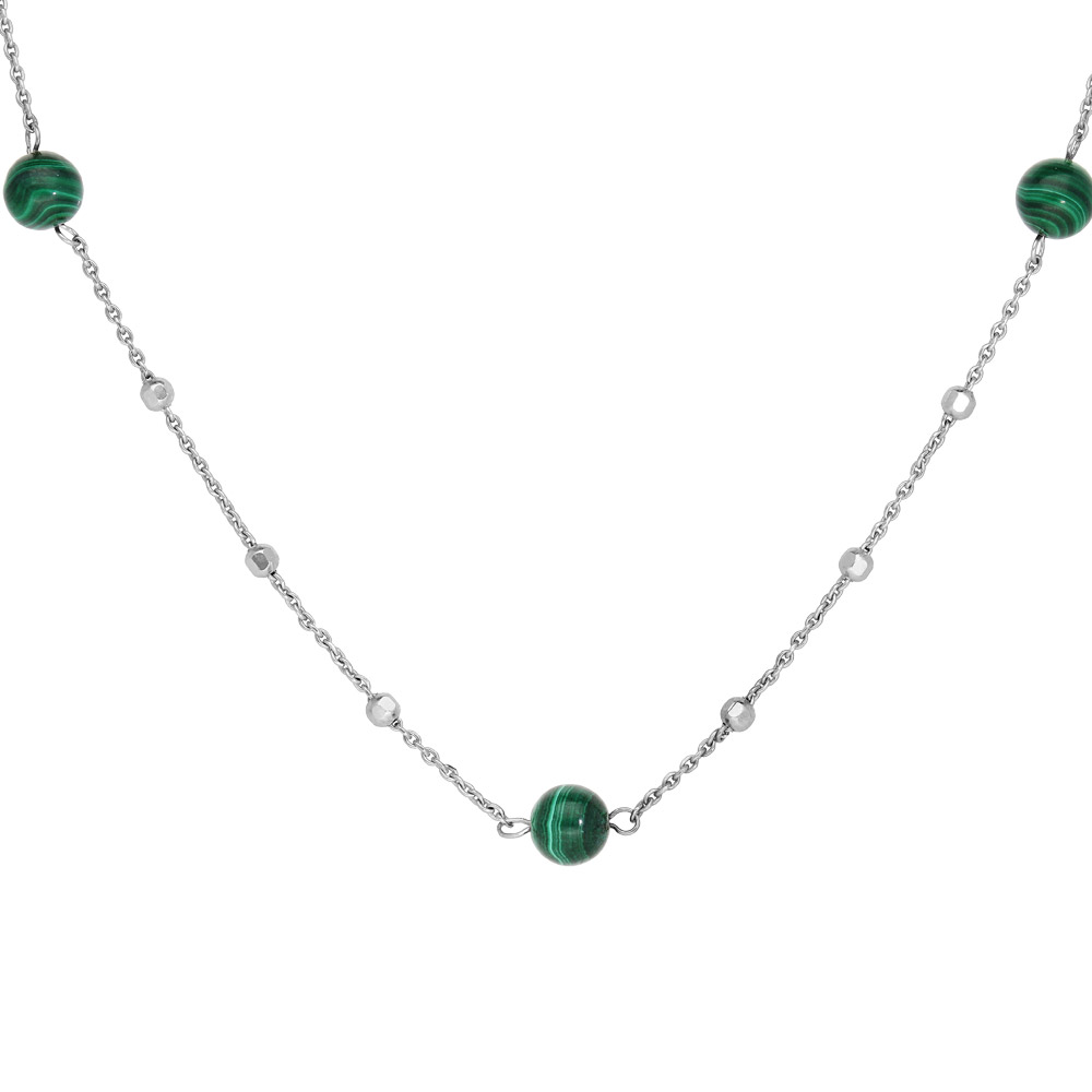 Collier en argent rhodi� avec perles de Malachites v�ritable 42+3cm - Vue 1