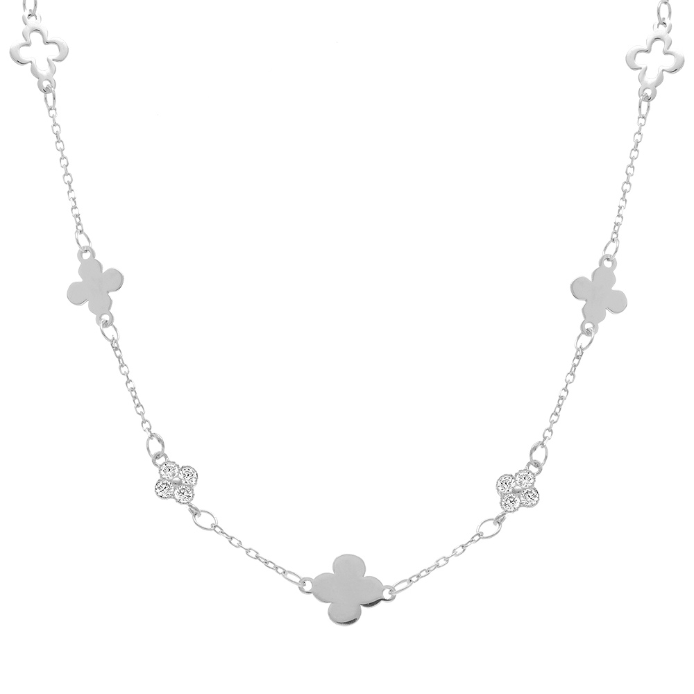Collier en argent rhodi� avec tr�fles lisses et  oxydes blancs - 40+5cm - Vue 1