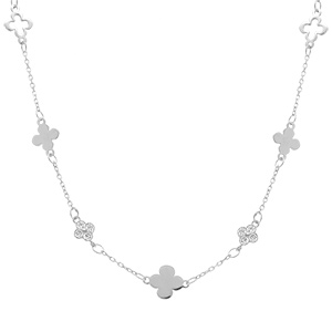 Collier en argent rhodi� avec tr�fles lisses et  oxydes blancs - 40+5cm