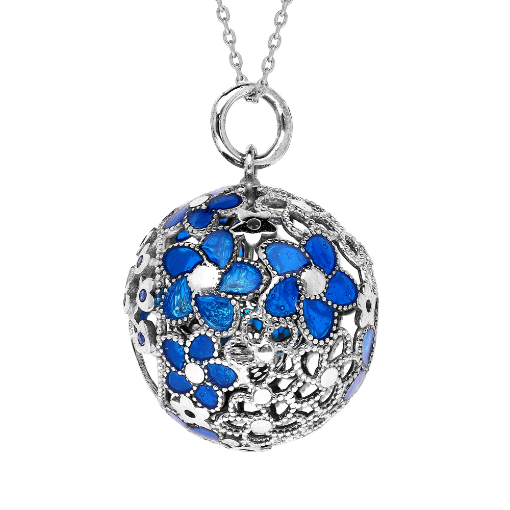 Collier en argent rhodi� bola de grossesse boule ajour�e motif fleur et arbre de vie avec oxydes bleues 20mm longueur 90+10cm - Vue 1