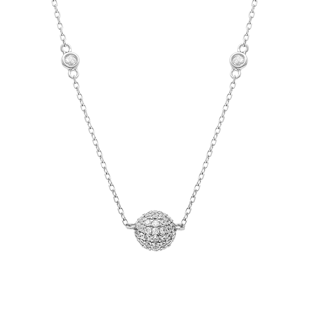 Collier en argent rhodi� boule avec oxydes blancs - 38+5cm - Vue 1