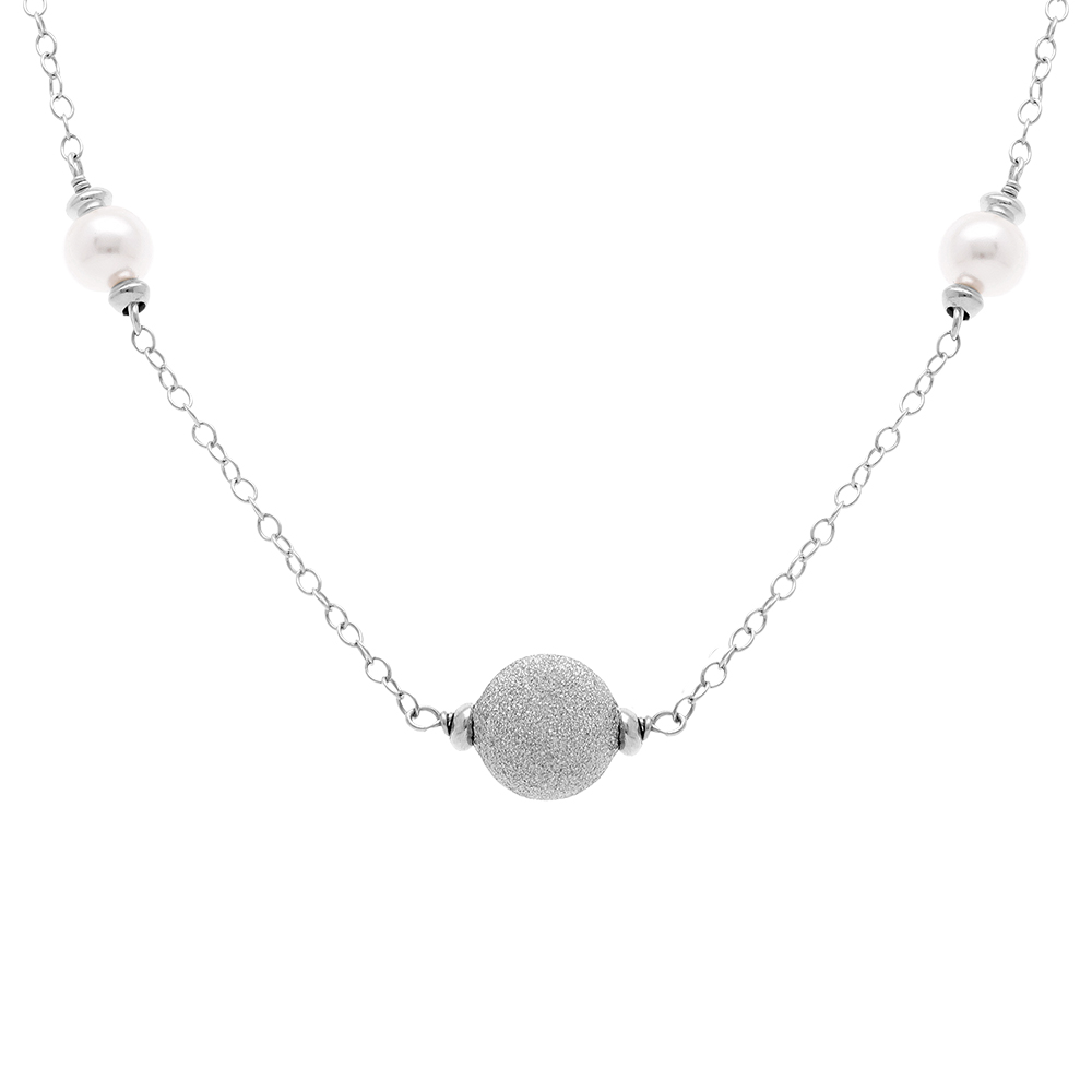 Collier en argent rhodi� boule givr�e et perles blanches - 38+5cm - Vue 1