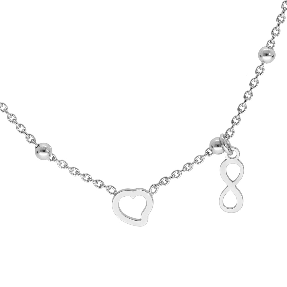 Collier en argent rhodi� boules avec 1 coeur et 1 pampille infini 42+3cm - Vue 1