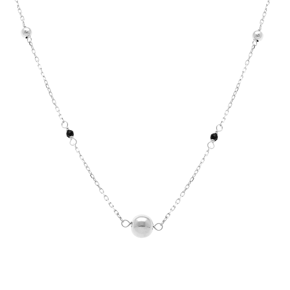 Collier en argent rhodi� boules et verre facet� noir - 41+3cm - Vue 1