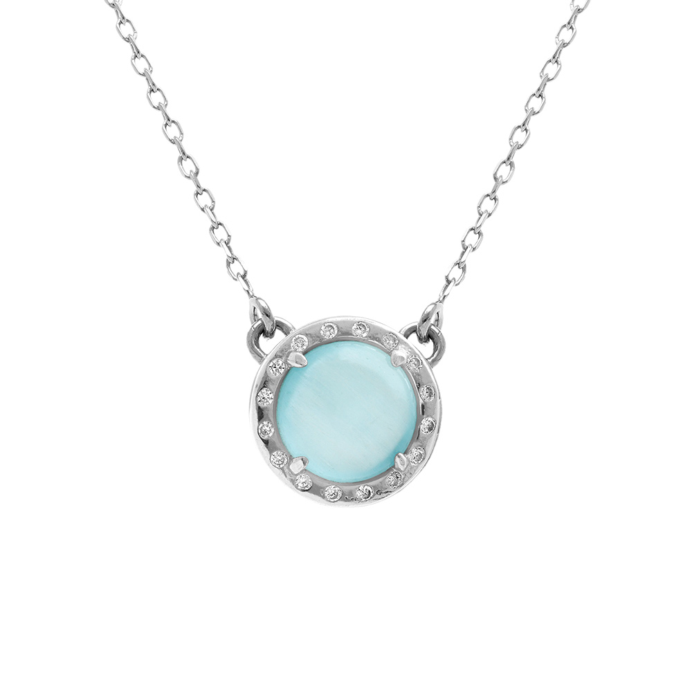 Collier en argent rhodi� cabochon bleu ciel - 40 +5 cm - Vue 1