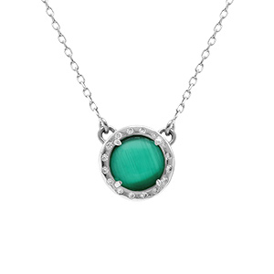 Collier en argent rhodi� cabochon vert fonc� - 40 +5 cm