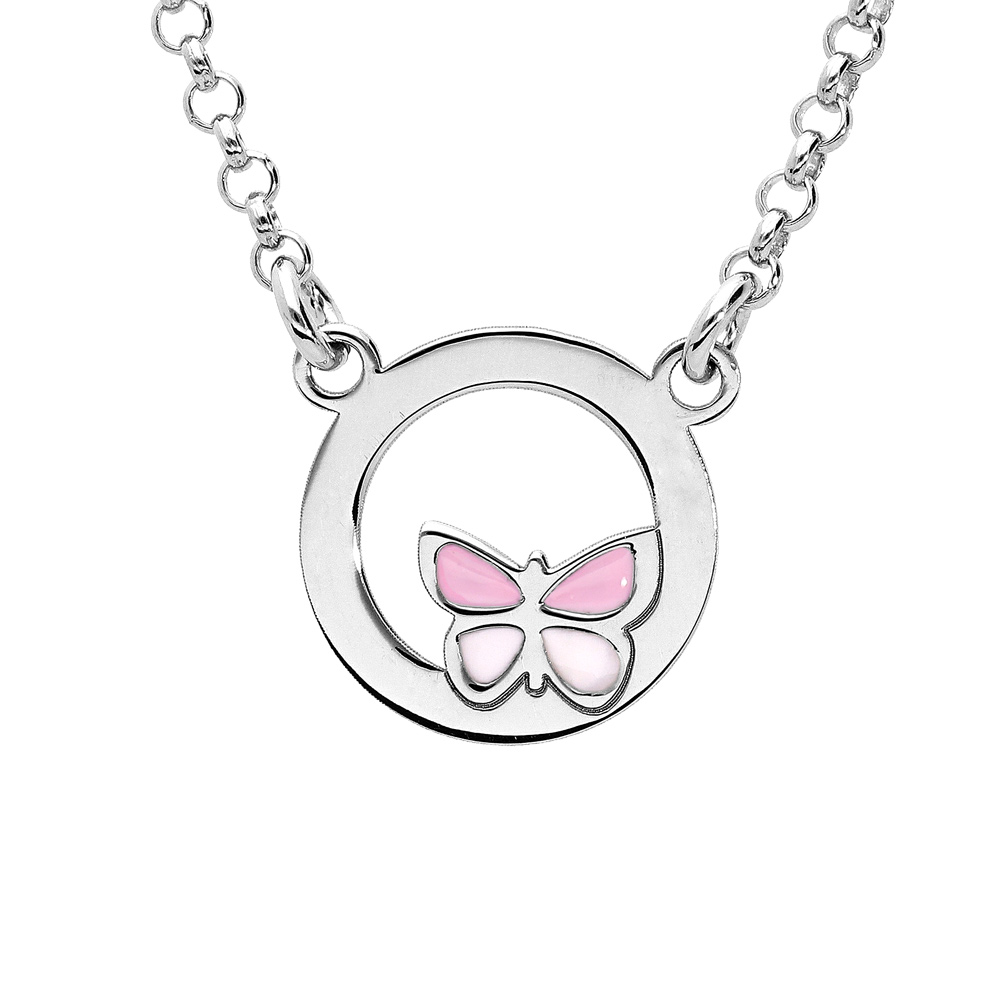 Collier en argent rhodi� cercle avec petit papillon rose 35+5cm - Vue 1