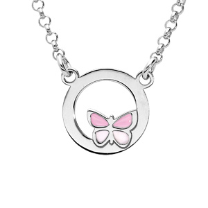 Collier en argent rhodi cercle avec petit papillon rose 35+5cm - Vue 1