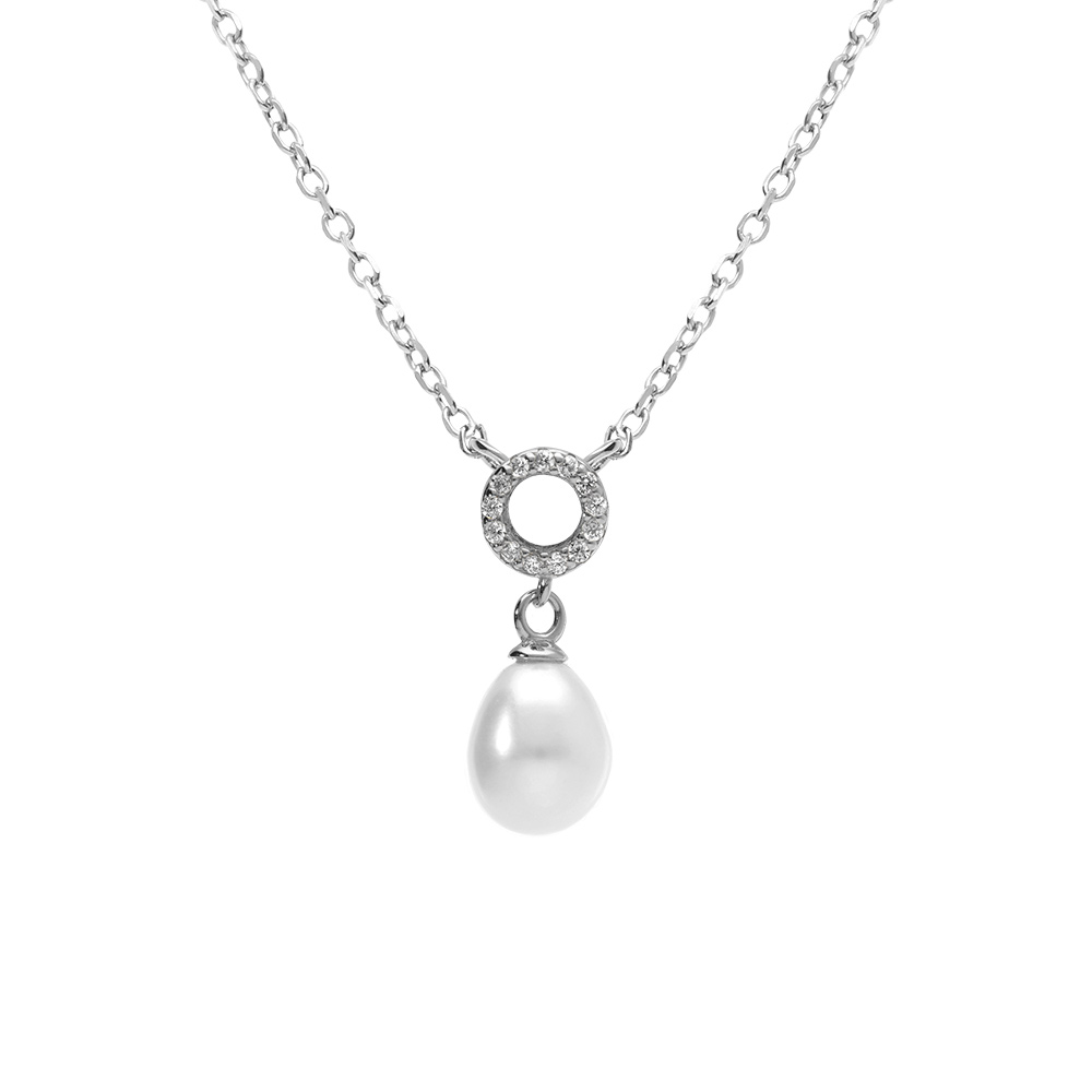 Collier en argent rhodi� cercle d\'oxydes blancs sertis et perle blanche imitation 38+5cm - Vue 1