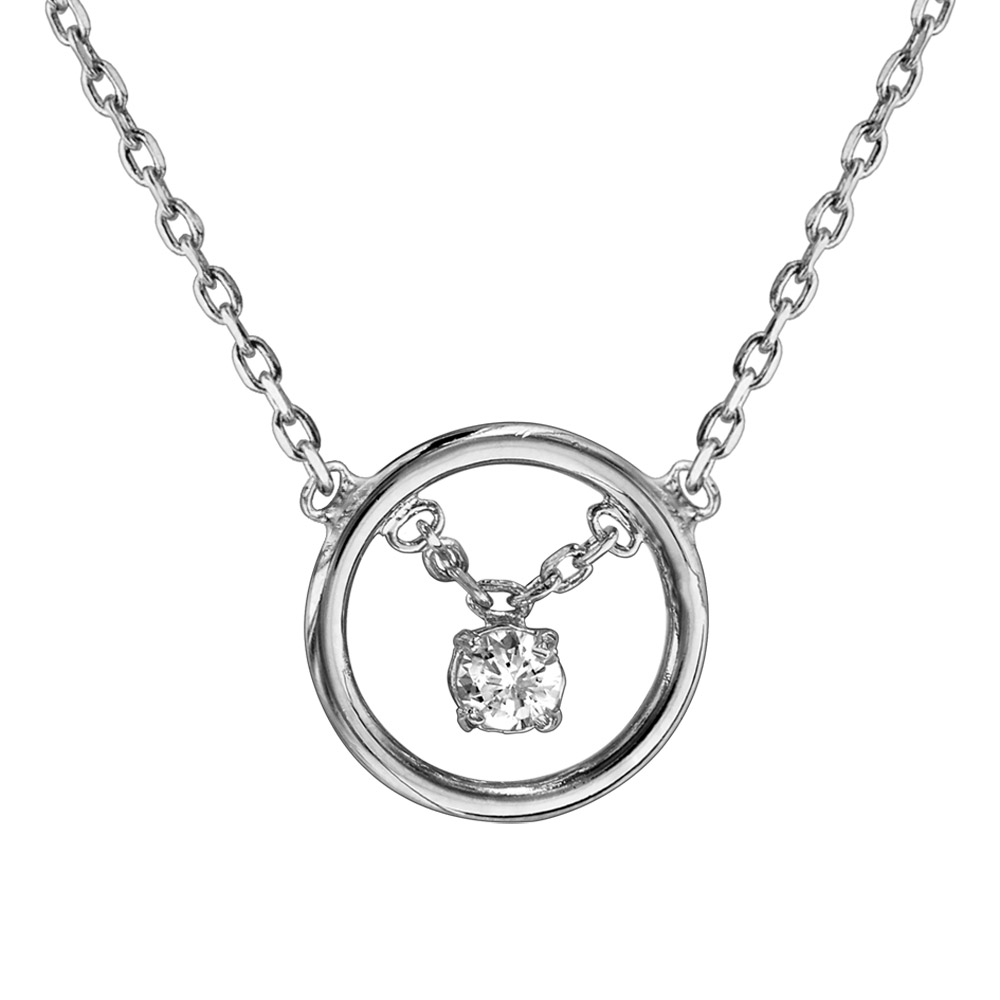 Collier en argent rhodi� cercle 1 oxyde blanc serti pendant 38cm + 4cm - Vue 1