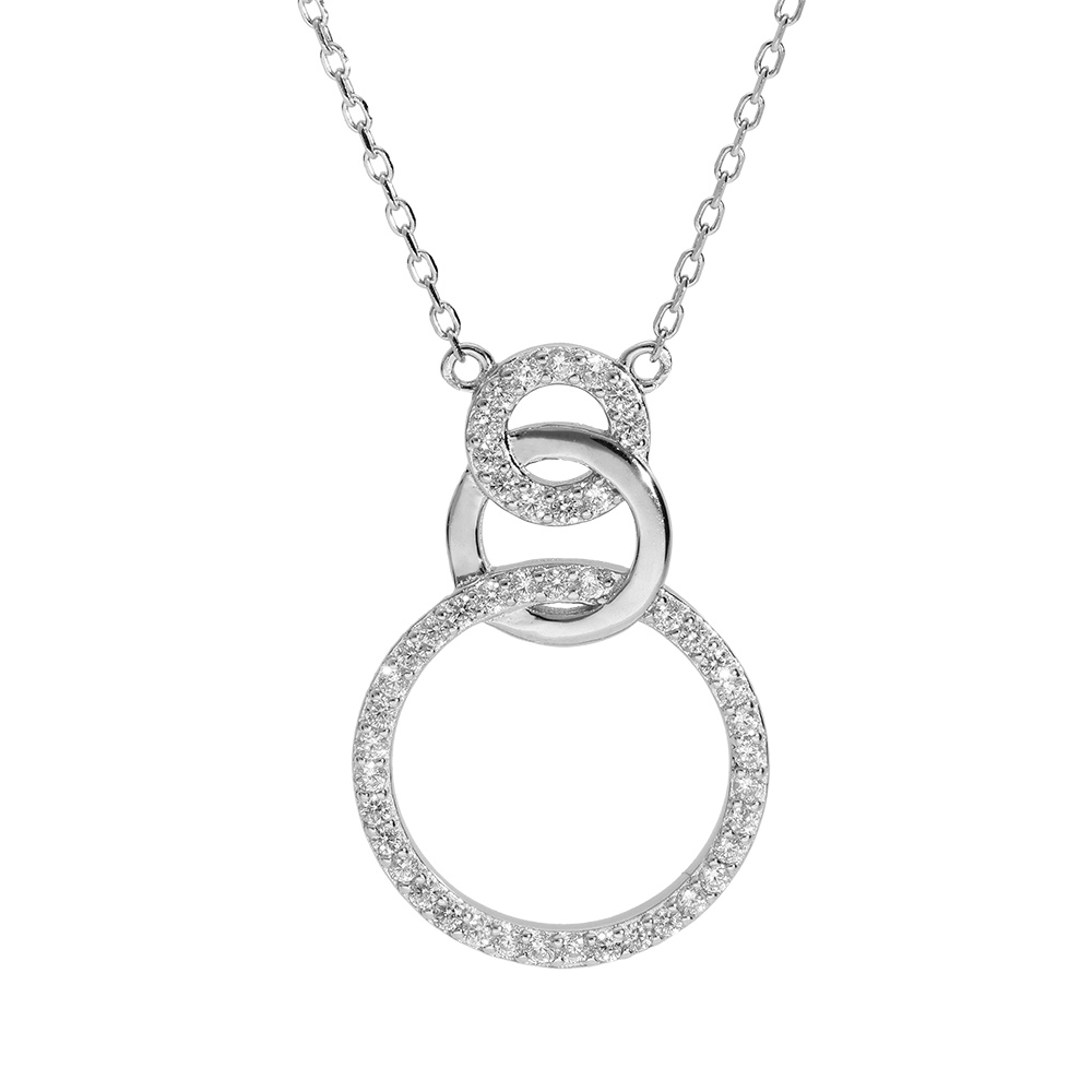 Collier en argent rhodi� cha�ne avec 3 anneaux avec oxydes blancs sertis 40+5cm - Vue 1