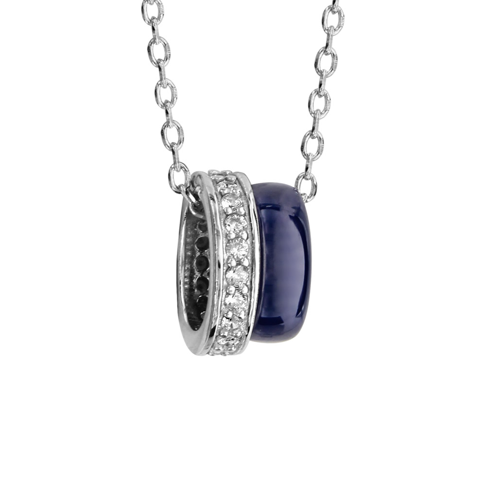 Collier en argent rhodi� cha�ne avec 2 anneaux, 1 en c�ramique bleu marine et 1 orn� d\'oxydes blancs sertis - longueur 40cm + 5cm de rallonge - Vue 1