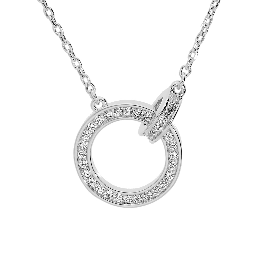 Collier en argent rhodi� cha�ne avec anneaux entrelac�s oxydes blancs sertis 40+4,5cm - Vue 1
