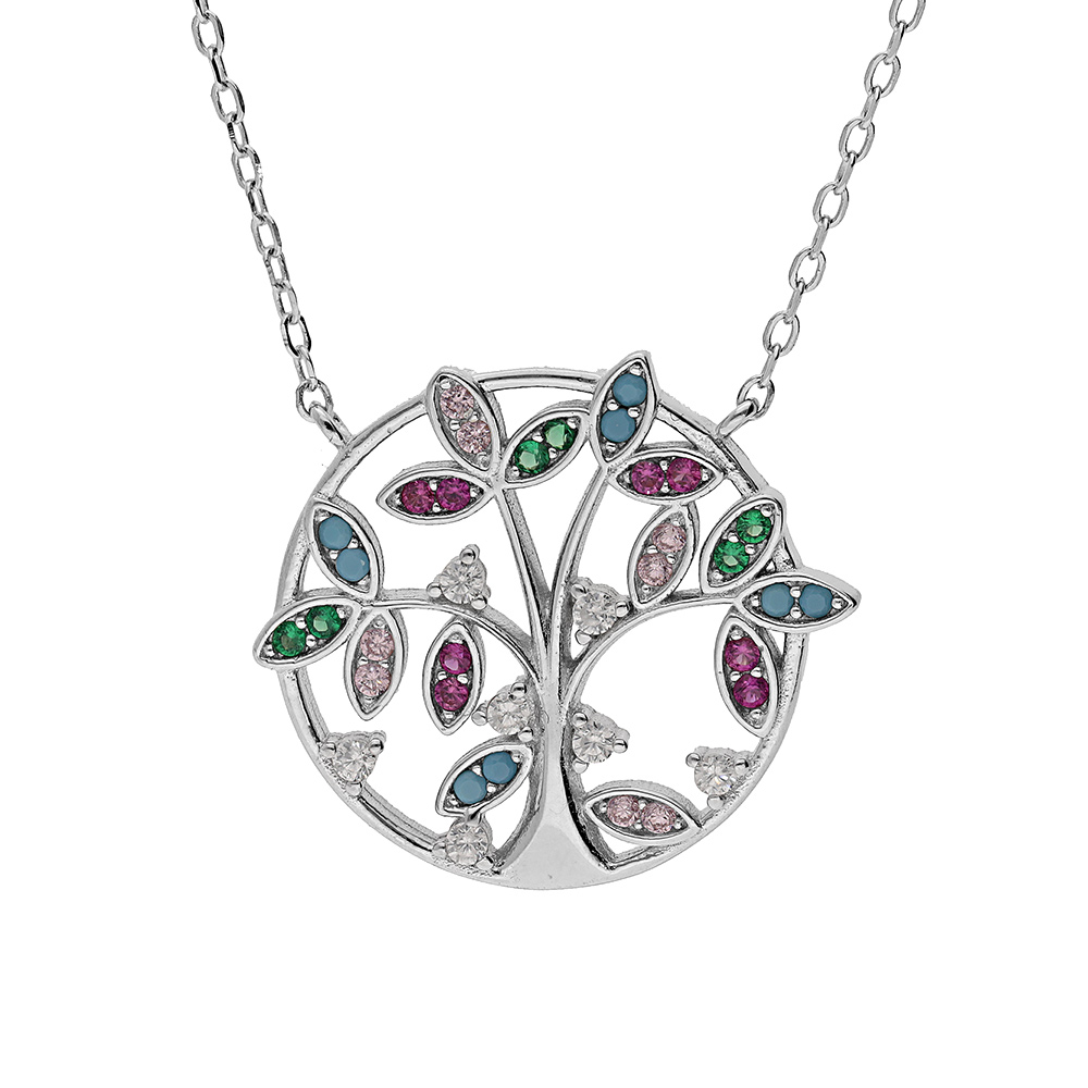 Collier en argent rhodi� cha�ne avec arbre de vie et oxydes multi couleurs 40+4cm - Vue 1