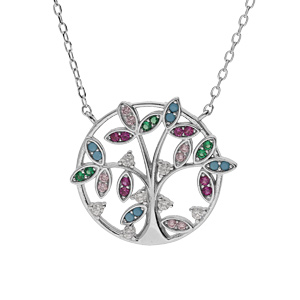 Collier en argent rhodi chane avec arbre de vie et oxydes multi couleurs 40+4cm - Vue 1