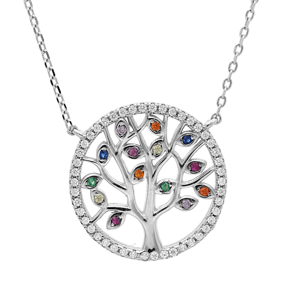 Collier en argent rhodi� cha�ne avec arbre de vie multicouleurs et contour oxydes blancs sertis 39+4cm - Vue 1