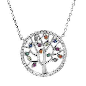 Collier en argent rhodi chane avec arbre de vie multicouleurs et contour oxydes blancs sertis 39+4cm - Vue 1