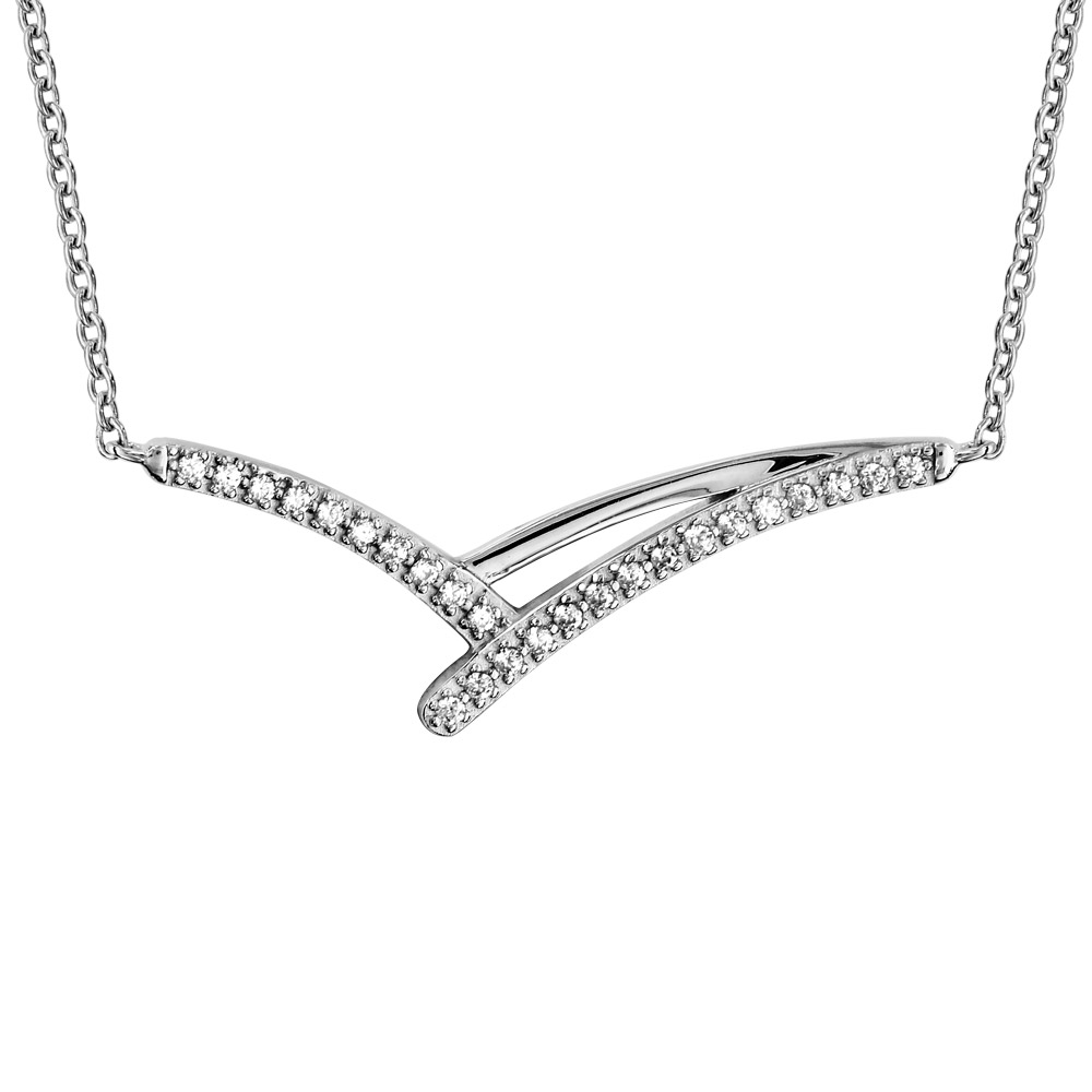 Collier en argent rhodi� cha�ne avec au milieu 3 brins courb�s dont 1 lisse et 2 orn�s d\'oxydes blancs sertis - longueur 42cm + 3cm de rallonge - Vue 1