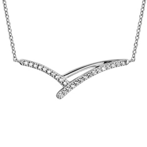 Collier en argent rhodi chane avec au milieu 3 brins courbs dont 1 lisse et 2 orns d\'oxydes blancs sertis - longueur 42cm + 3cm de rallonge - Vue 1