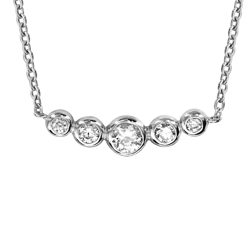 Collier en argent rhodi� cha�ne avec au milieu 5 oxydes blancs sertis clos de taille d�grad�e - longueur 42cm + 3cm de rallonge - Vue 1